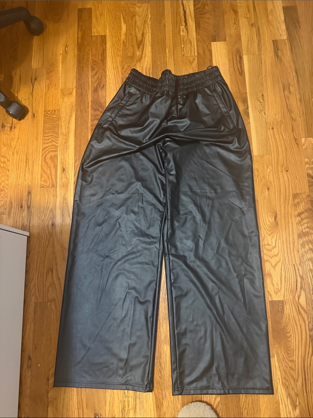 Faux Leather Wide-Leg Jumpsuit Pants in Black
